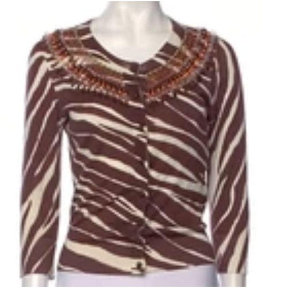 Kate Spade sz S New York W's Brown Zebra Print Cardigan Sweater Beaded Embellish